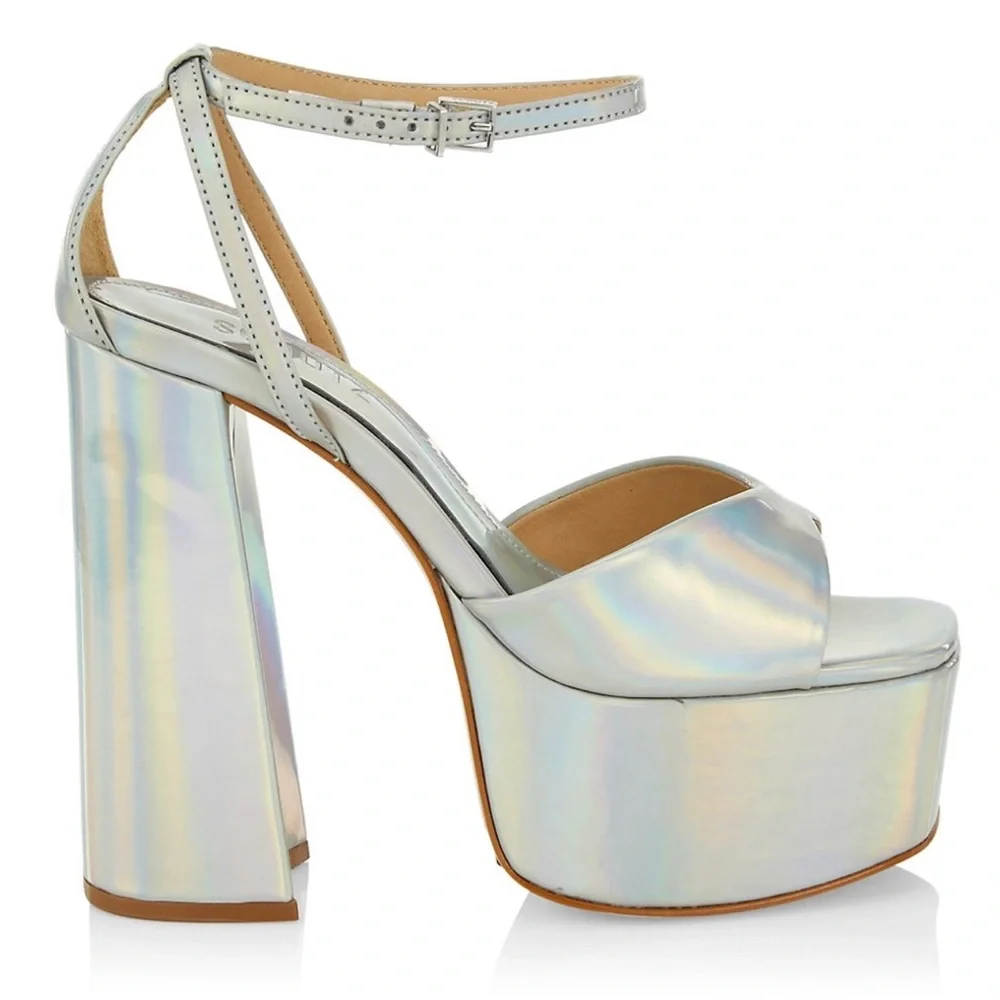 SCHUTZ NWB Aryia Metallic Faux Leather Platform Sandals Spechio Holographic